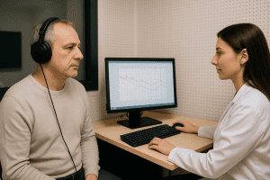 רופאה מבצעת בדיקת שמיעה למטופל