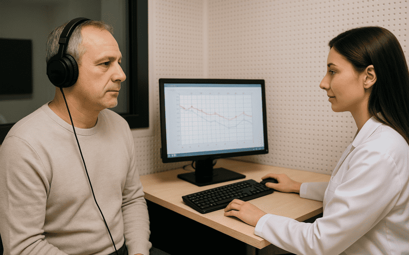 רופאה מבצעת בדיקת שמיעה למטופל