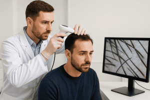 מומחה בוחן קרקפת של גבר באמצעות מכשיר הגדלה לצורך אבחון נשירת שיער.