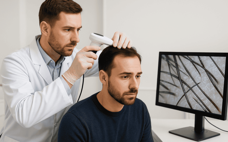 מומחה בוחן קרקפת של גבר באמצעות מכשיר הגדלה לצורך אבחון נשירת שיער.